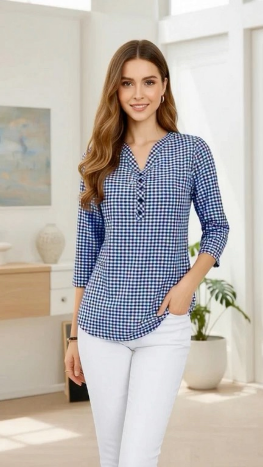 Plus Size Plaid Blouse Women Long Sleeve V-Neck Slim Fit Shirt - ROSA FERA