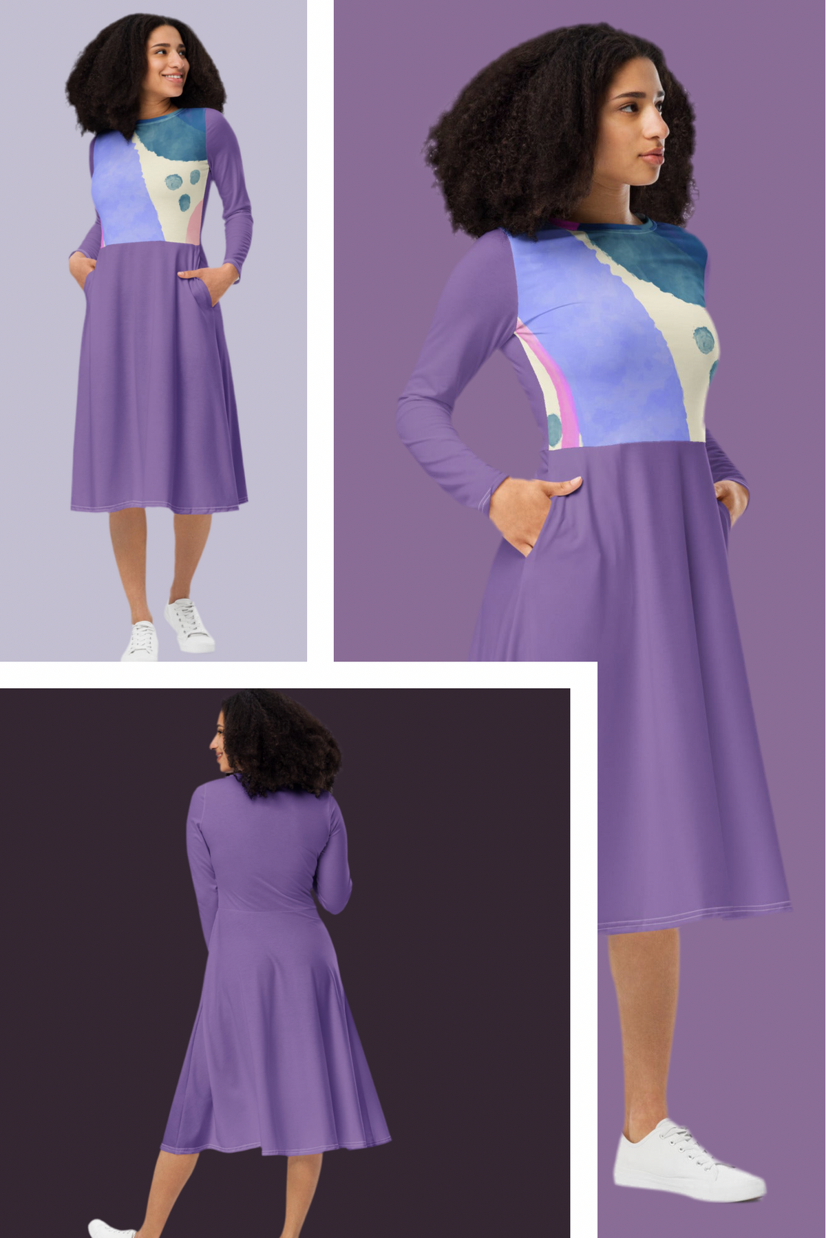 Women's Long Sleeve Midi Dress - All-Over Print Design
