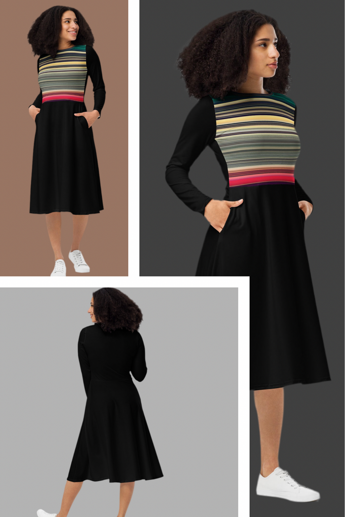Women's Long Sleeve Midi Dress - All-Over Print Design
