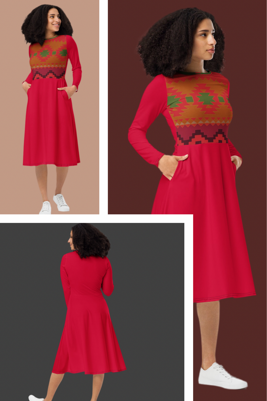 Women's Long Sleeve Midi Dress - All-Over Print Design