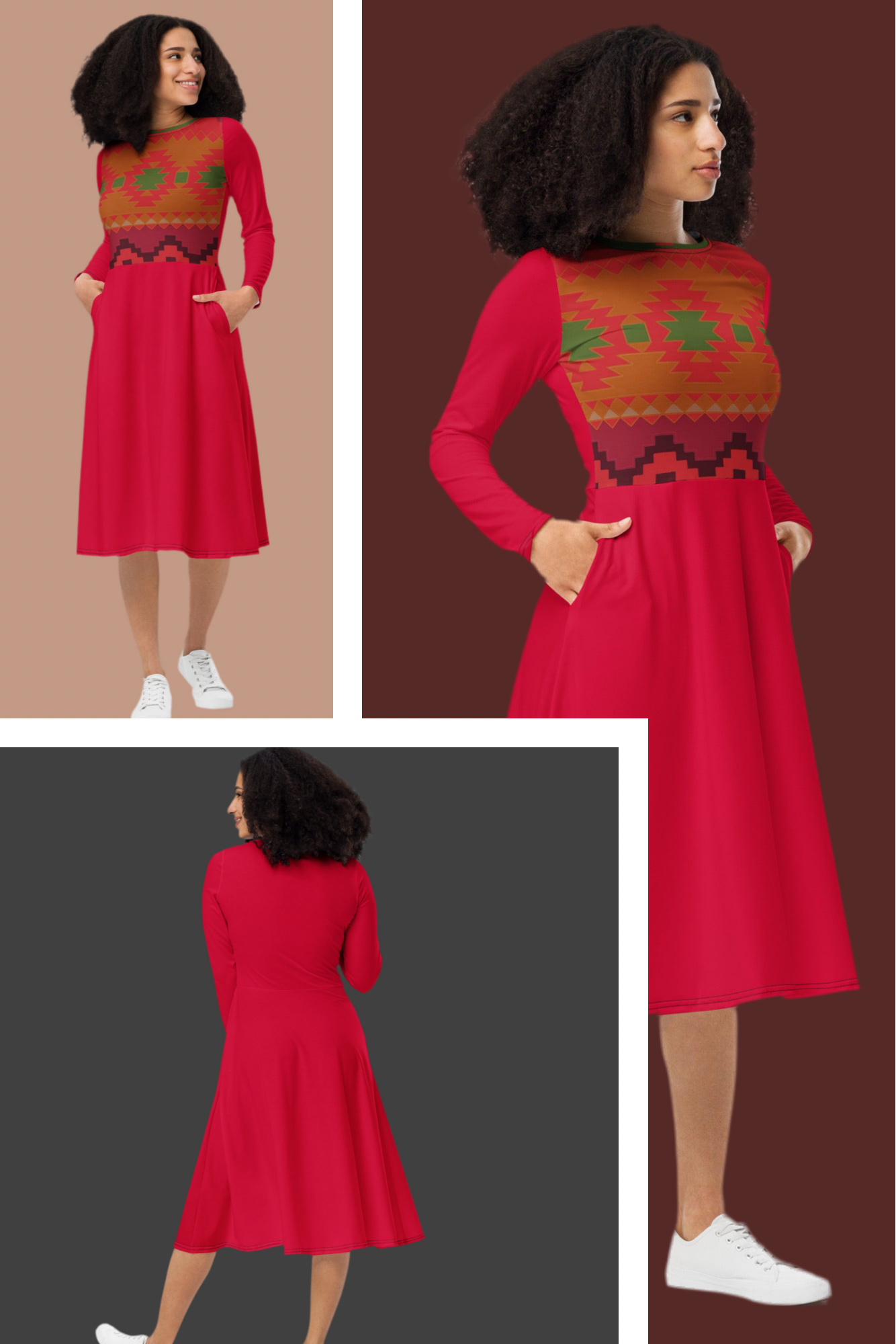 Women's Long Sleeve Midi Dress - All-Over Print Design