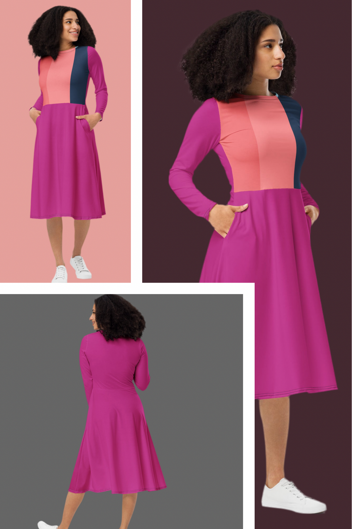 Women's Long Sleeve Midi Dress - All-Over Print Design