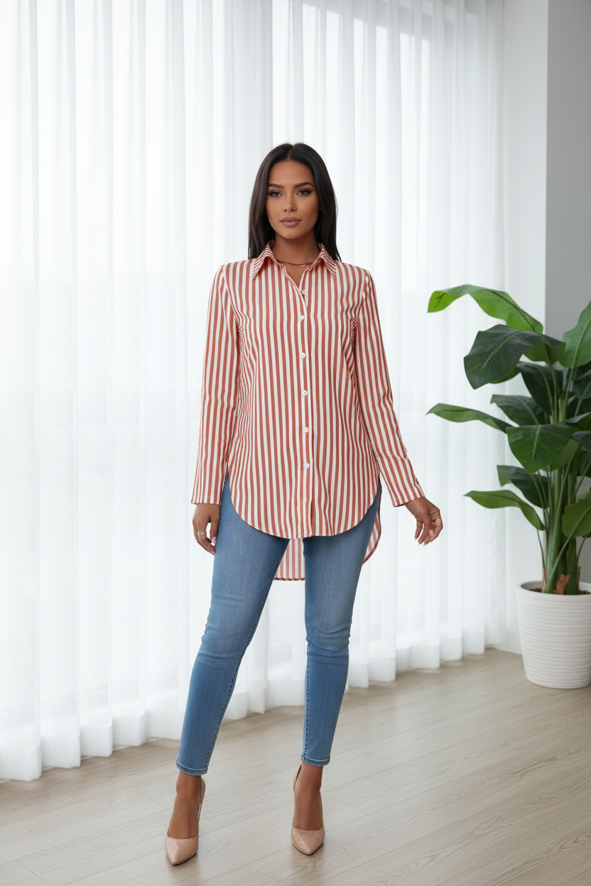 Women's Long Sleeve Striped Button Down Shirt with Classic Collar and Curved Hem for Casual or Office Wear