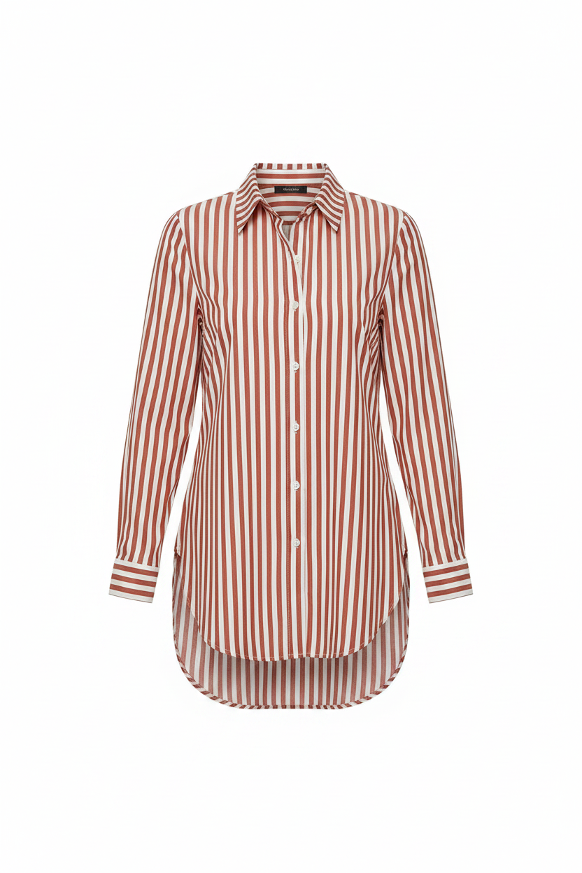 Women's Long Sleeve Striped Button Down Shirt with Classic Collar and Curved Hem for Casual or Office Wear