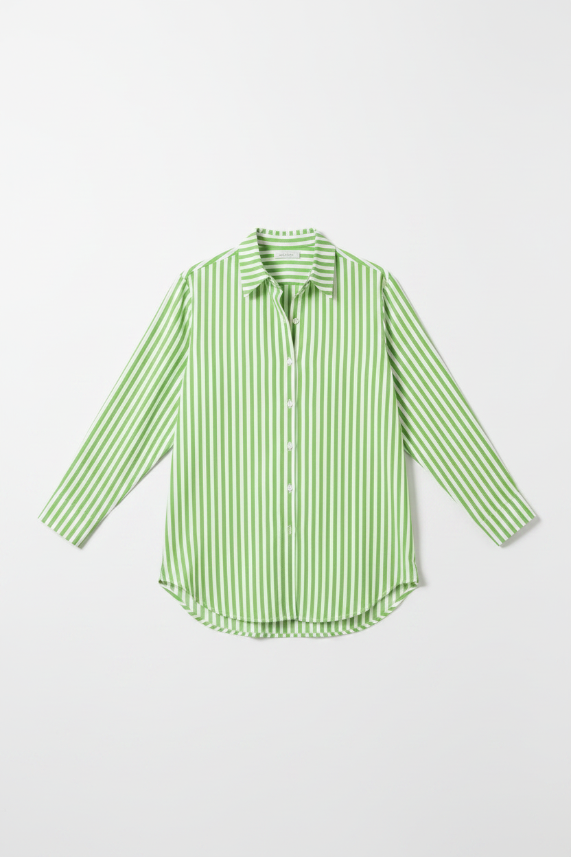 Women's Long Sleeve Striped Button Down Shirt with Classic Collar and Curved Hem for Casual or Office Wear