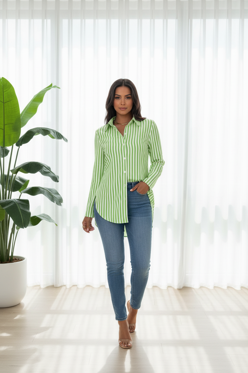 Women's Long Sleeve Striped Button Down Shirt with Classic Collar and Curved Hem for Casual or Office Wear