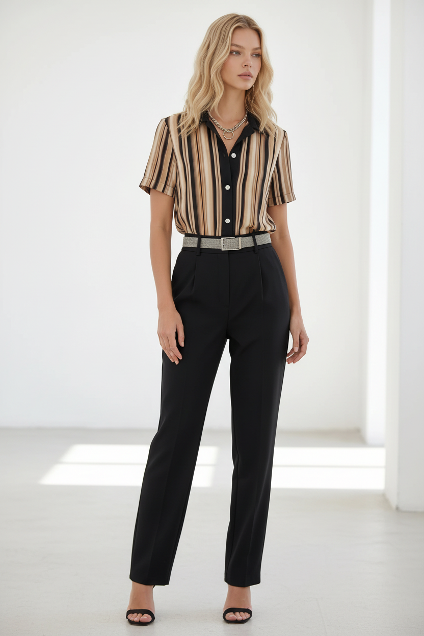 Rosa fera Striped Button Front Blouse, Contrast Collar Short Sleeve Loose Fit Shirt for Women