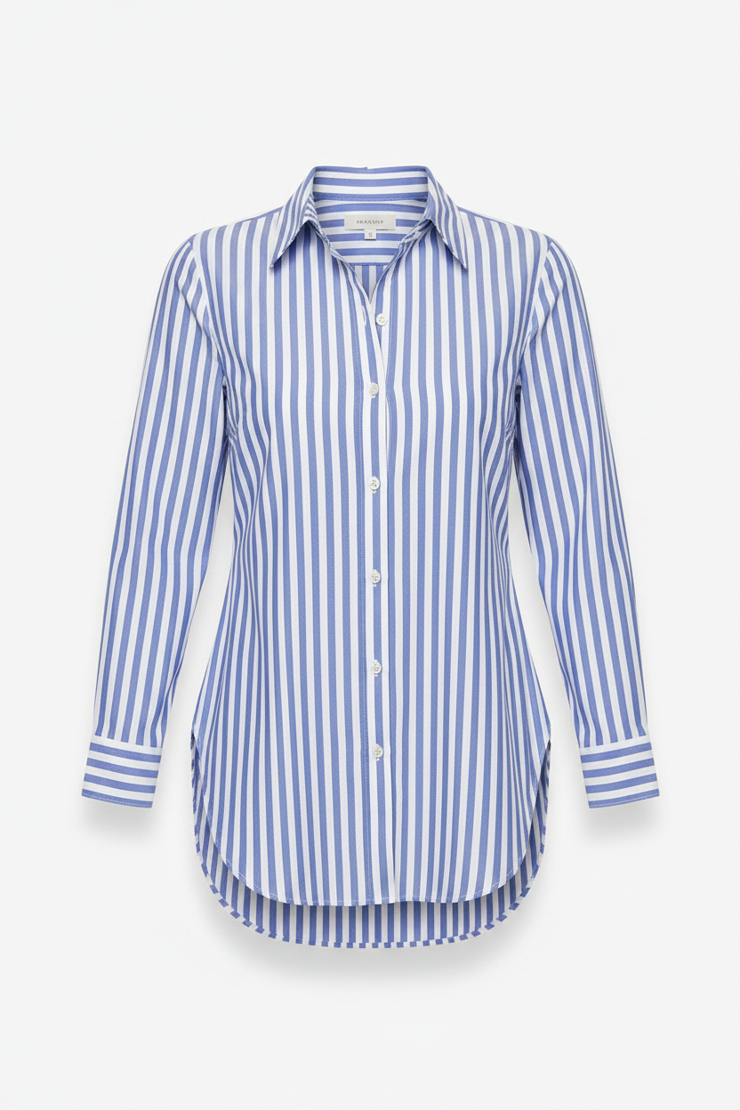 Women's Long Sleeve Striped Button Down Shirt with Classic Collar and Curved Hem for Casual or Office Wear