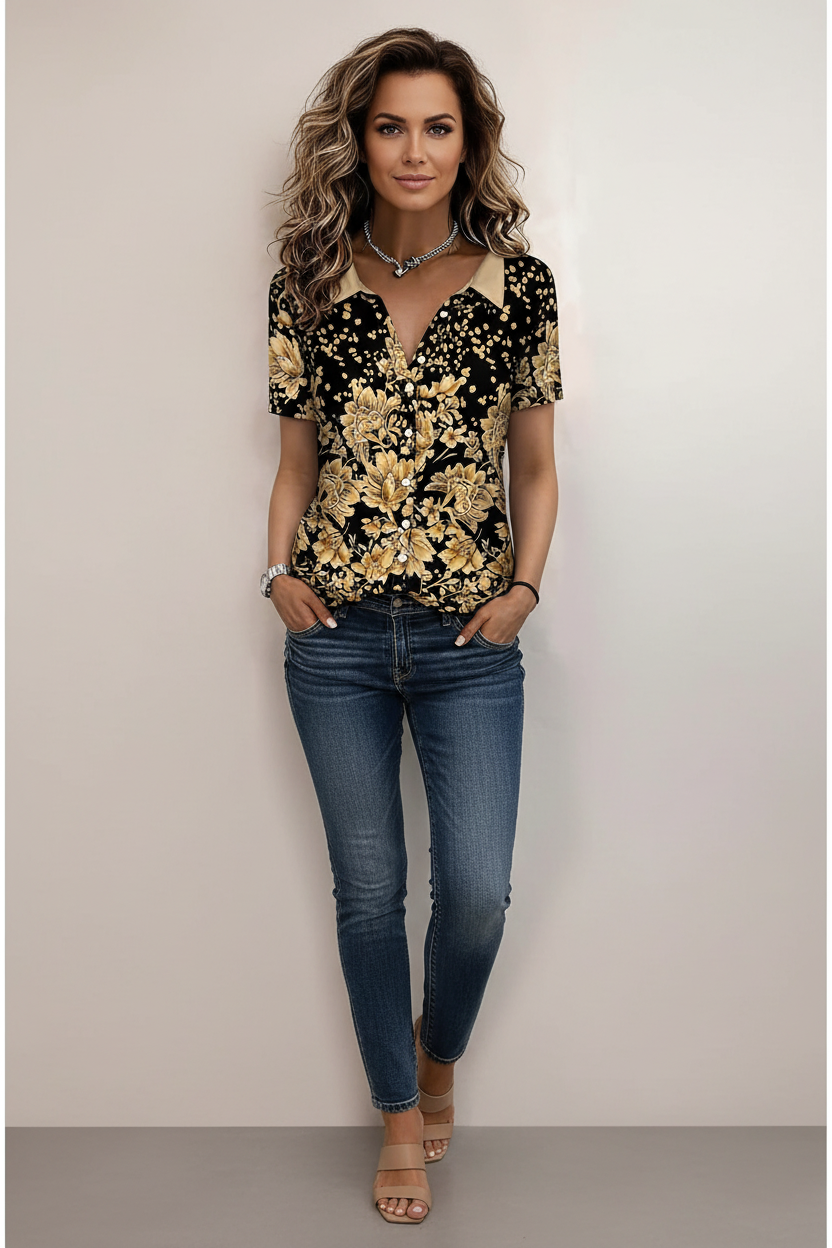 2026 Summer Women's Hawaiian Tropical Pattern Shirt Lapel Collar Short Sleeve Casual Button Up Shirts for Vacation Outfits Tops