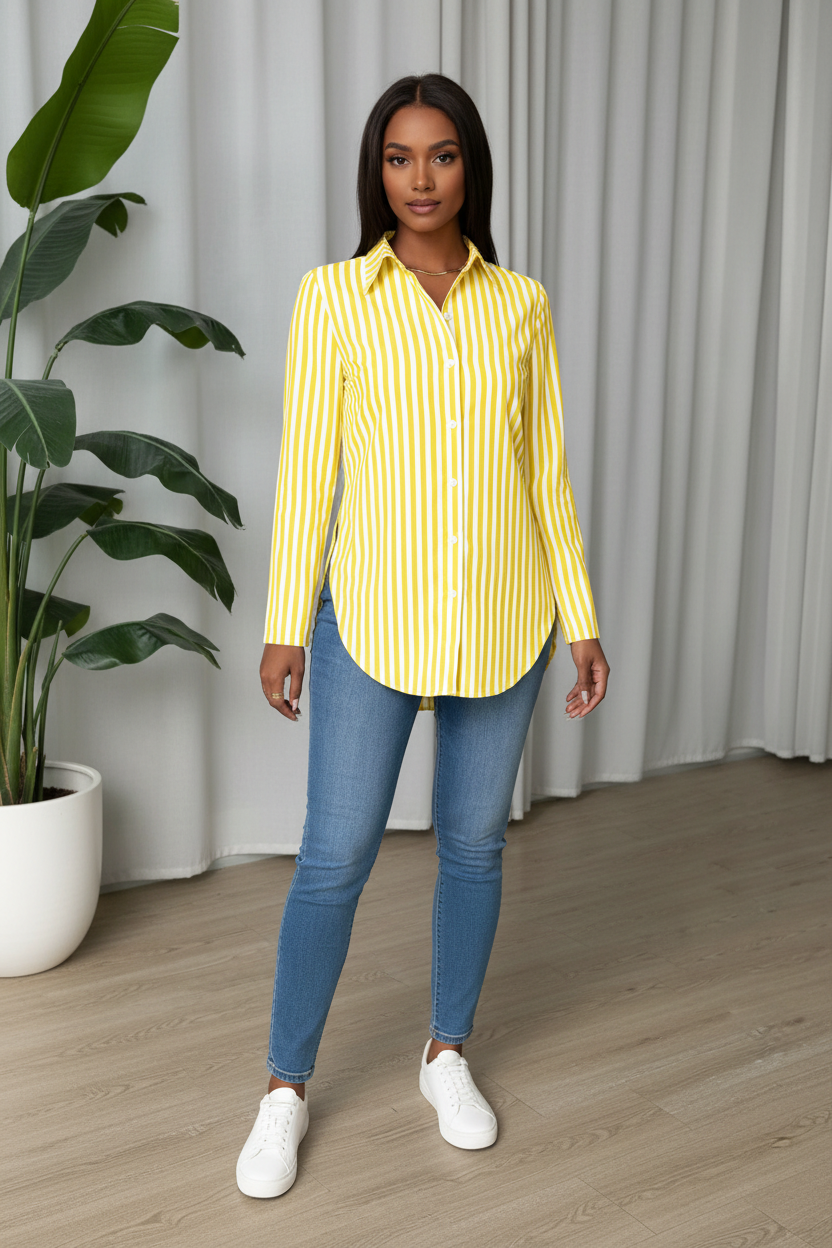 Women's Long Sleeve Striped Button Down Shirt with Classic Collar and Curved Hem for Casual or Office Wear