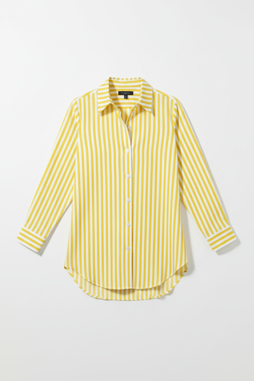 Women's Long Sleeve Striped Button Down Shirt with Classic Collar and Curved Hem for Casual or Office Wear